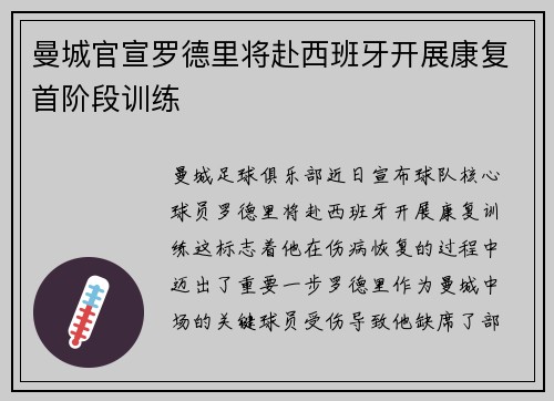 曼城官宣罗德里将赴西班牙开展康复首阶段训练