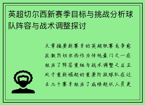 英超切尔西新赛季目标与挑战分析球队阵容与战术调整探讨 英超切尔西新赛季目标与挑战分析球队阵容与战术调整探讨