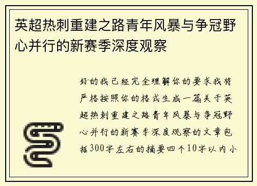 英超热刺重建之路青年风暴与争冠野心并行的新赛季深度观察
